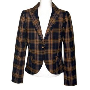 NEW Anthropologie Autres Filles Camel & Navy Blue Plaid Print Cropped Blazer - M